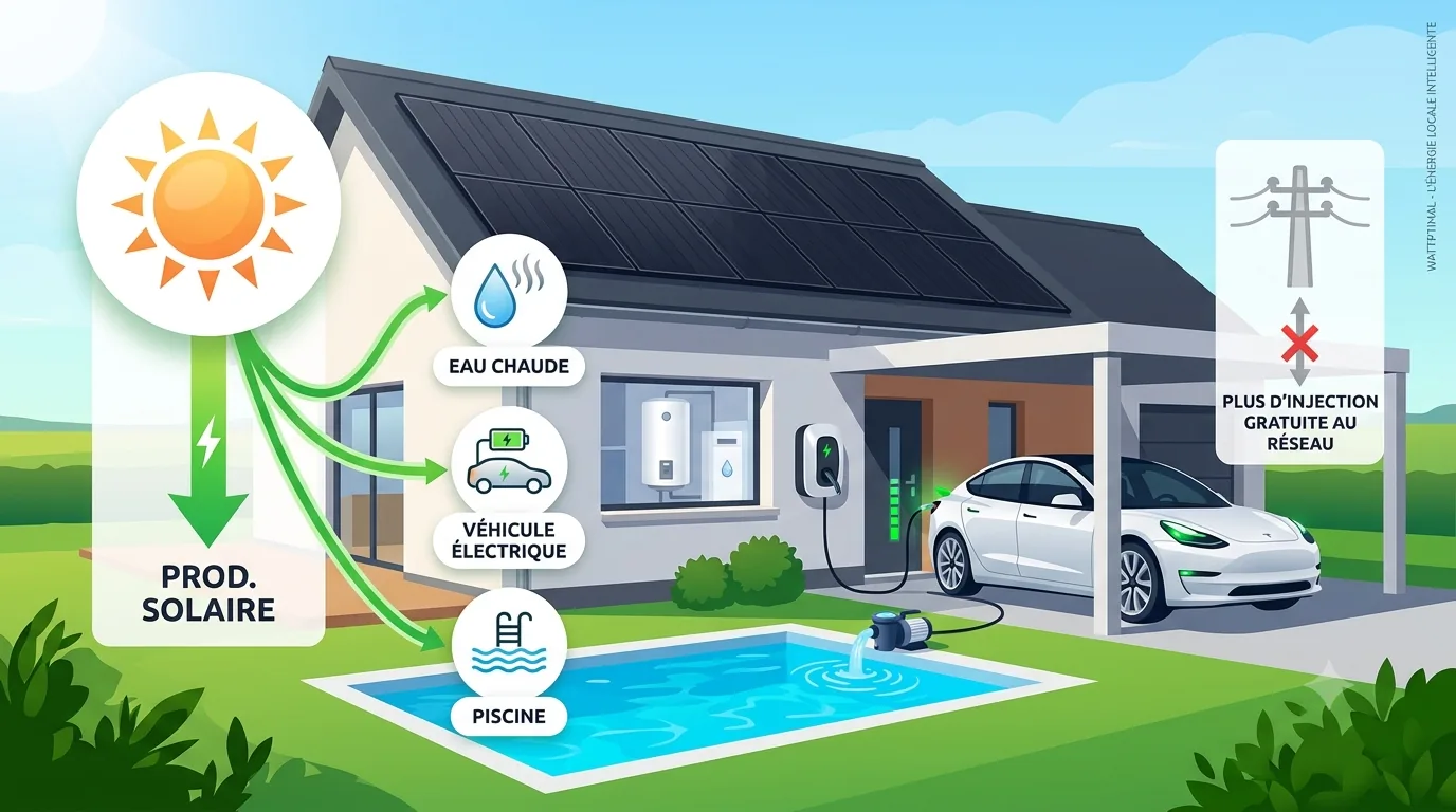 Illustration : la production solaire d'une maison alimente le chauffe-eau, le véhicule électrique et la piscine au lieu d'être injectée gratuitement sur le réseau.