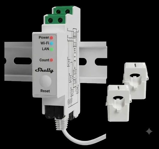 Shelly Pro EM sur rail DIN avec 2 pinces ampèremétriques